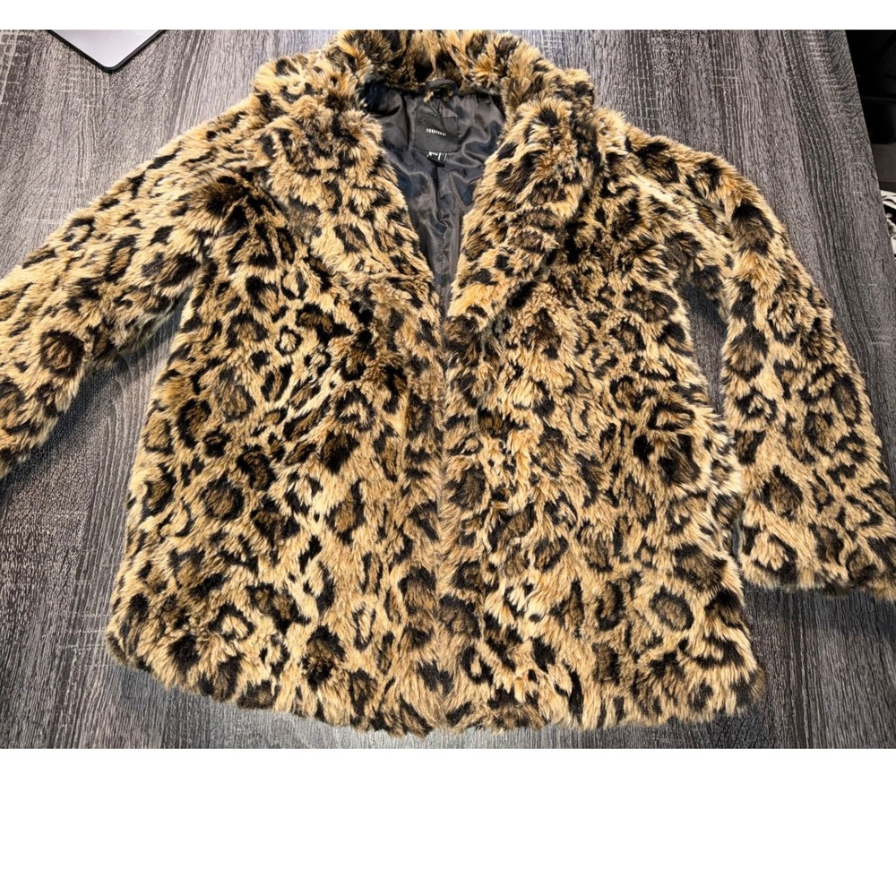 Forever 21 Womens Leopard Print Faux Fur Jacket Brown Tan Black Mob Wife Small S - Picture 2 of 7